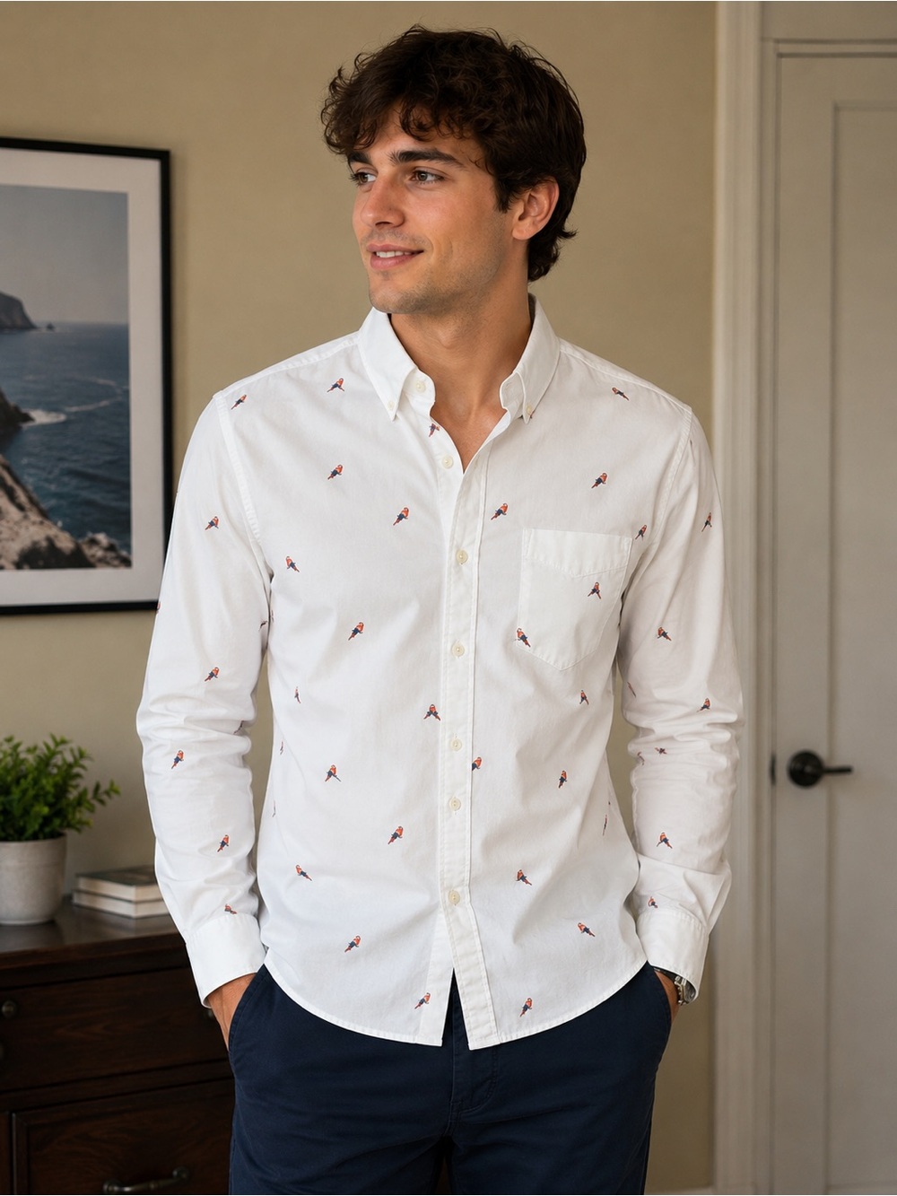 American Eagle Outfitters White Button-Down Shirt with Red & Blue Parrot Print
